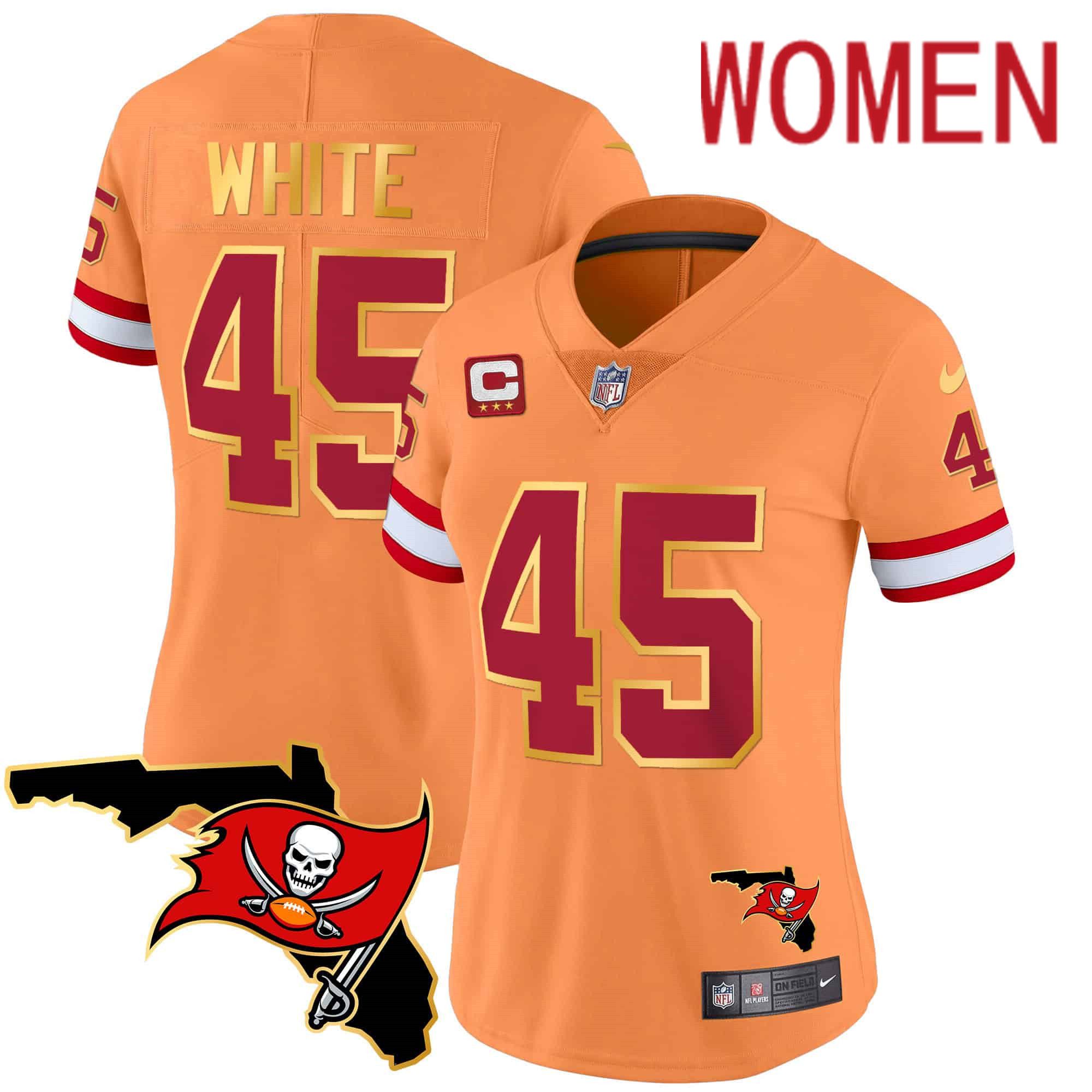 Women Tampa Bay Buccaneers 45 White Oragne 2024 Nike Florida Patch Gold Trim Vapor NFL Jersey